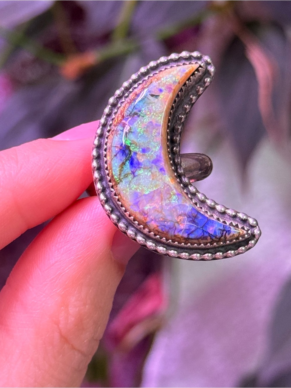 Madelyn Majestics Monarch Opal Crescent Moon Ring Sterling Silver Handmade